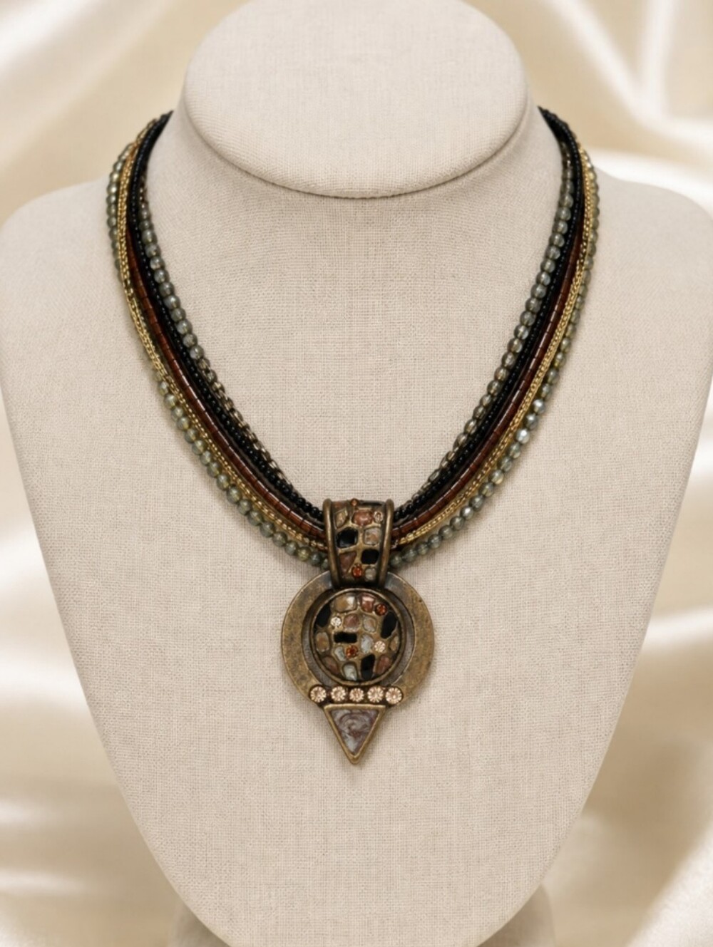 Vintage Chico's Multi-Strand Seed Bead & Chain Mosaic Pendant Necklace